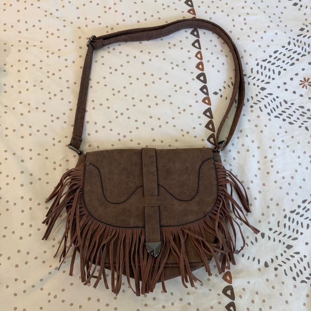 Brown Faux Leather Fringe Saddle Crossbody Bag